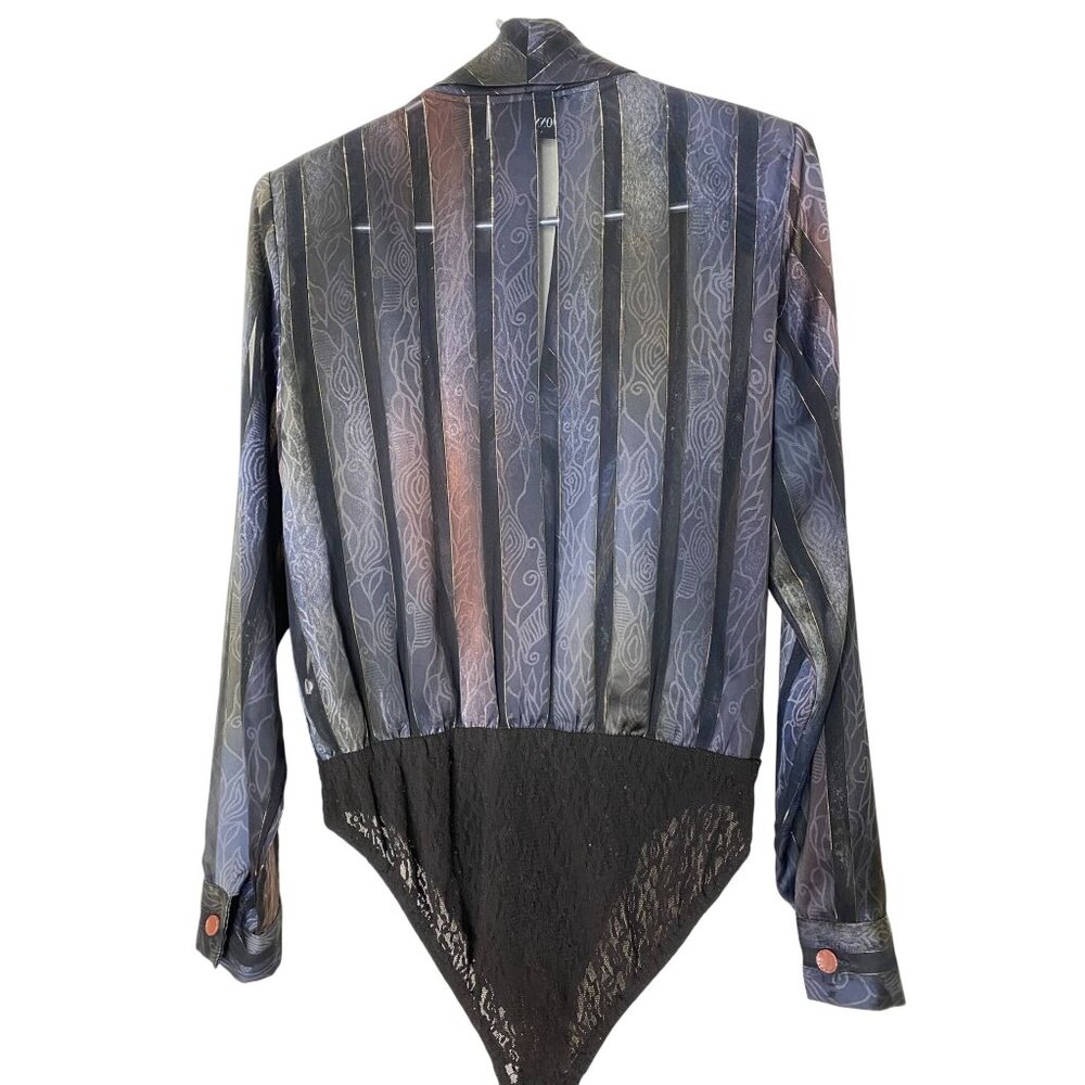 Vintage 80s Sheer Lace Bodysuit • Donna Degnan • Black & Purple Wrap V-Neck‎ - Picture 2 of 8